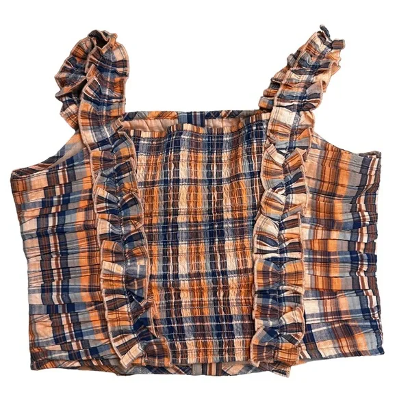 Verb by Pallavi Singhee x Anthropologie Ruffled Plaid Top Smocked Orange Medium - Picture 5 of 15
